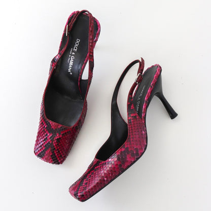Vintage F/W 1999 Dolce&Gabbana Python Leather Snakeskin Square Toe Slingback Heels / 37.5 (US 7.5)