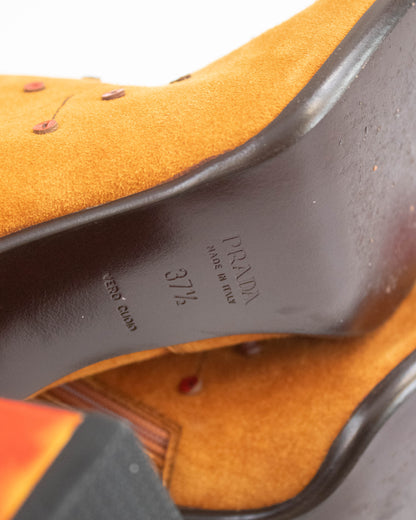 Vintage F/W 1999 Prada Leaves and Bugs Applique Suede Boots / 37.5 (US 7.5)