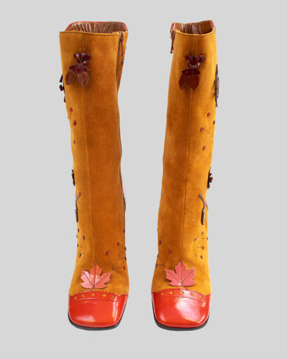 Vintage F/W 1999 Prada Leaves and Bugs Applique Suede Boots / 37.5 (US 7.5)