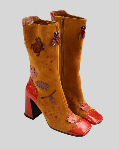 Vintage F/W 1999 Prada Leaves and Bugs Applique Suede Boots / 37.5 (US 7.5)