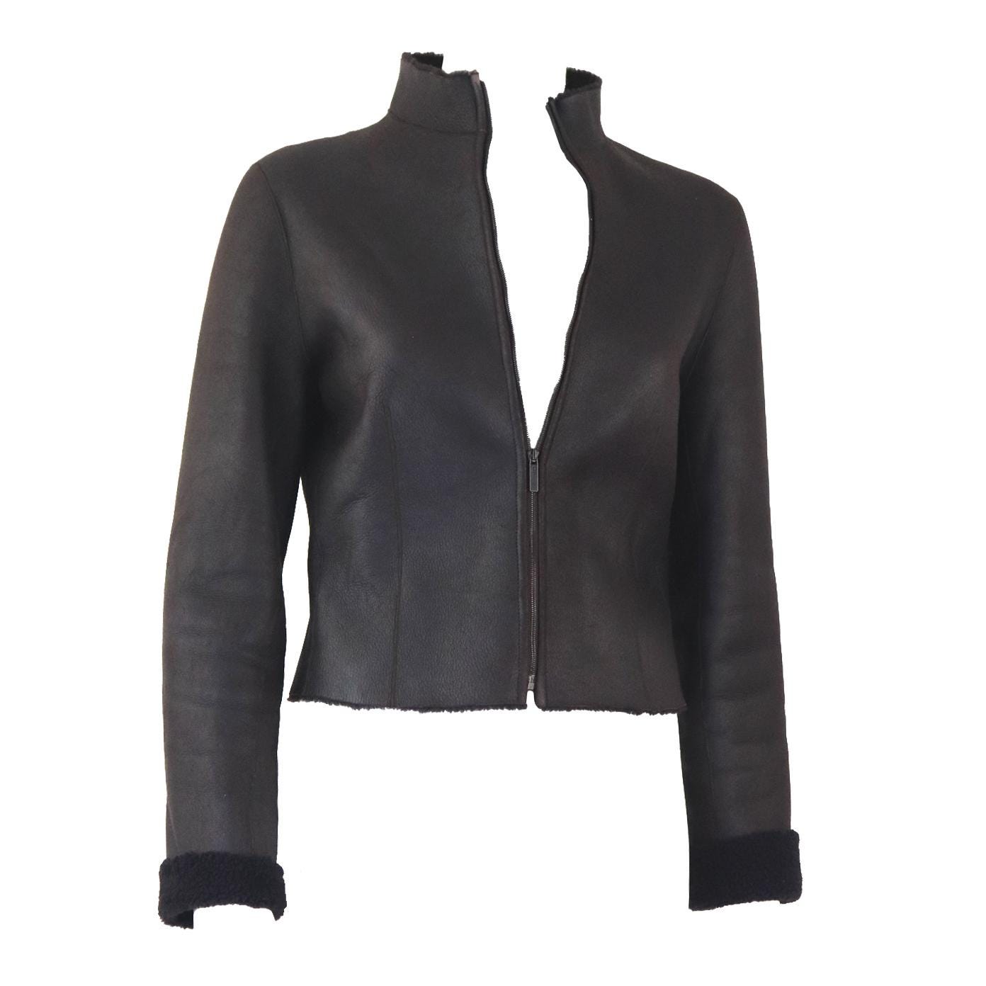 Vintage F/W 2001 Calvin Klein Collection Chocolate Brown Lightweight Leather Fur Shearling Jacket / S-M