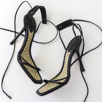 Vintage F/W 2002 Gucci by Tom Ford Black Braided Leather Strappy Heels Bamboo Insole / 36.5 (US 6.5)