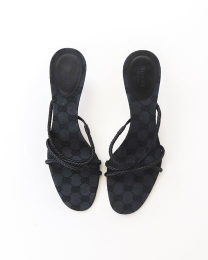 Vintage F/W 2002 Gucci by Tom Ford Black Monogram Kitten Heel Mules Braided Leather Detail / 40 (US 10)