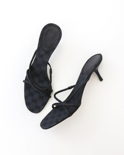 Vintage F/W 2002 Gucci by Tom Ford Black Monogram Kitten Heel Mules Braided Leather Detail / 40 (US 10)