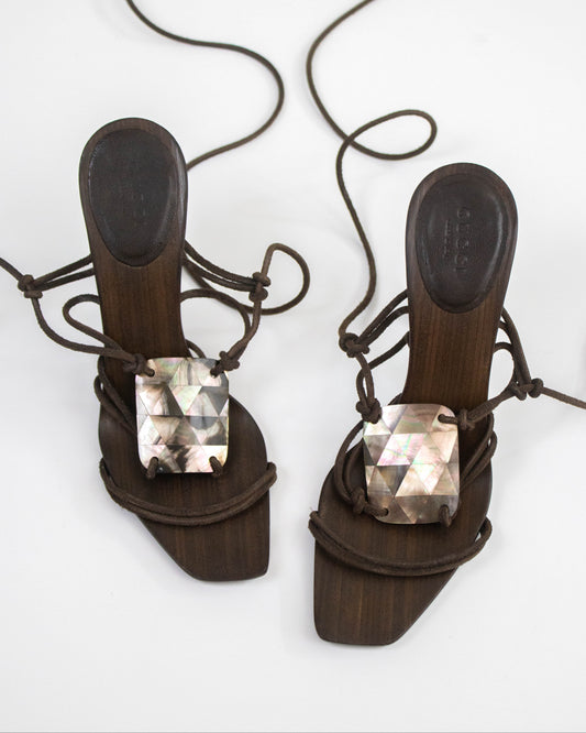 Vintage F/W 2002 Gucci by Tom Ford Mother of Pearl Ankle Wrap Heels / 37 (US 7)