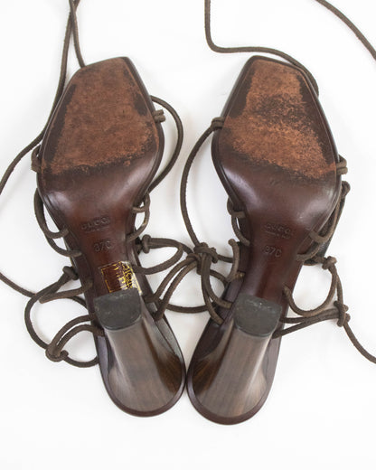 Vintage F/W 2002 Gucci by Tom Ford Mother of Pearl Ankle Wrap Heels / 37 (US 7)