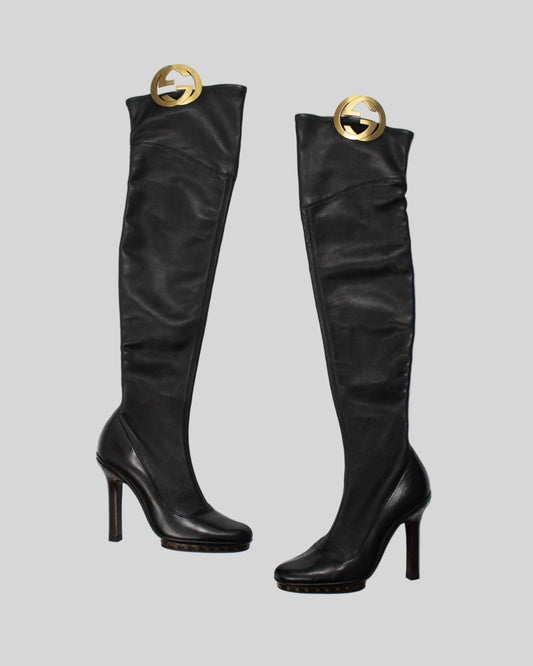 Vintage F/W 2003 Gucci by Tom Ford Black Thigh High Boots Interlocking G Logo Detail / 36 (US 6)