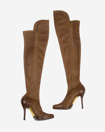 Vintage F/W 2003 Gucci by Tom Ford Thigh High Cognac Tan Leather Boots / 35 (US 5)