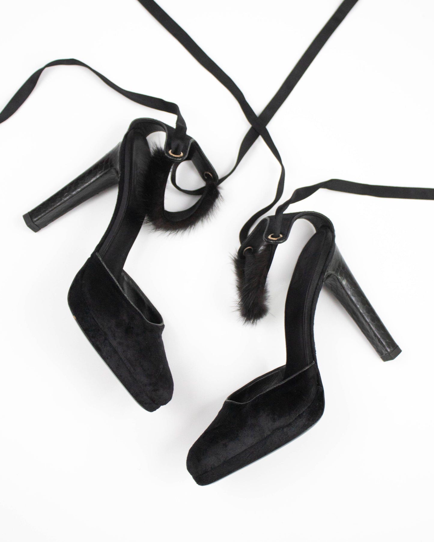 Gucci ankle wrap heels with fur trim from Fall 2004 side view