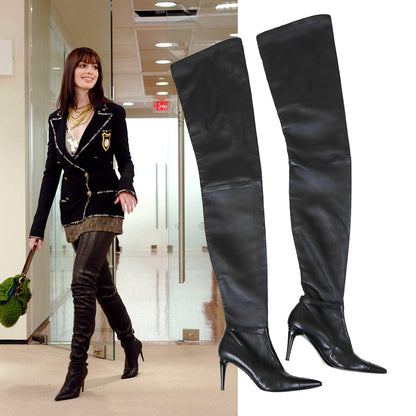 Woman wearing black knee-high boots with a split image of the boots on a white background.