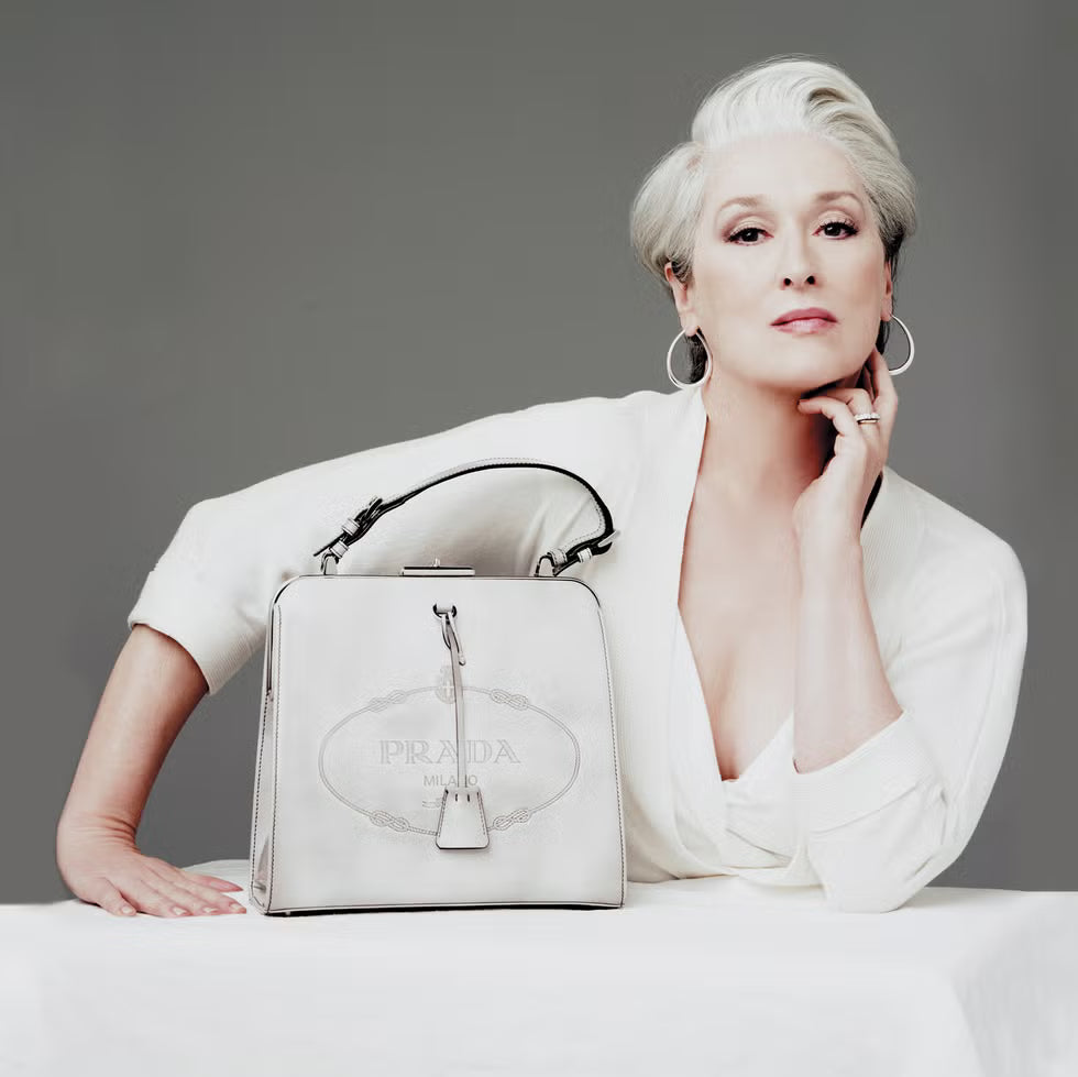 Prada patent leather bag with a big logo  from Fall/Winter 2005 collection, Meryl Streep
