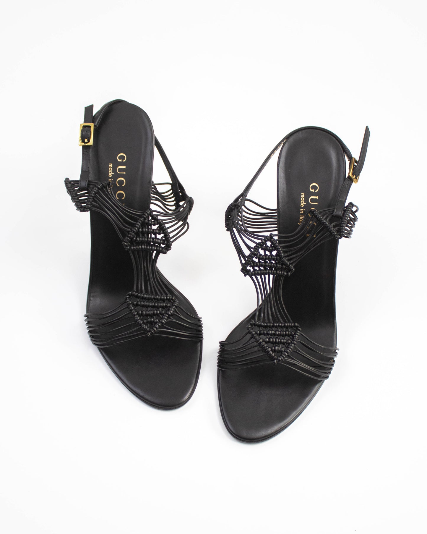 Black strappy high-heeled Gucci sandals front view