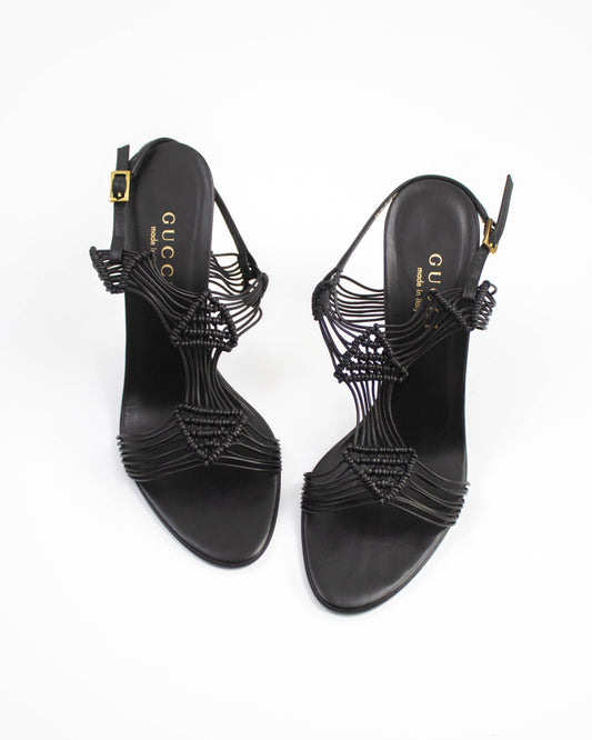 Black strappy high-heeled Gucci sandals front view