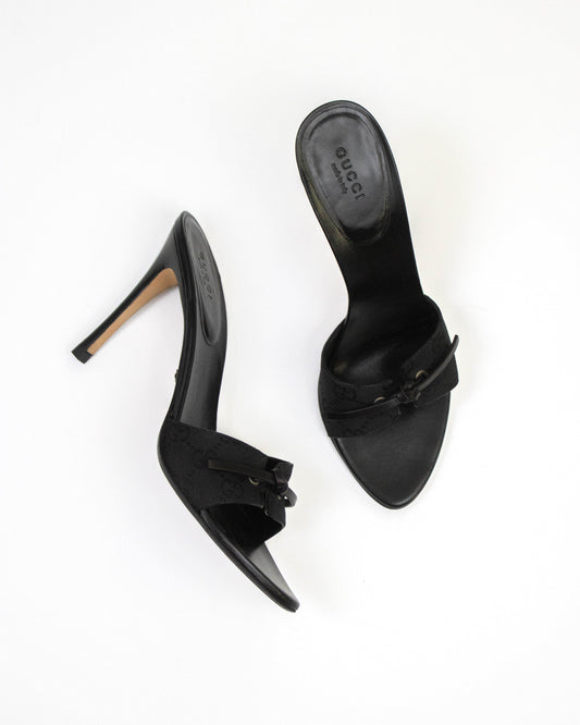 Vintage Gucci Black Monogram Canvas Mules Bow Detail / 37.5 (US 7.5)
