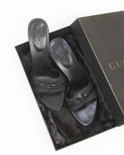 Vintage Gucci Black Monogram Canvas Mules Bow Detail / 37.5 (US 7.5)