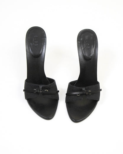 Vintage Gucci Black Monogram Canvas Mules Bow Detail / 37.5 (US 7.5)
