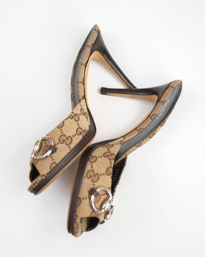 Vintage Gucci GG Monogram Canvas Mule Heels Horsebit Detail / 37.5 (US 7.5)