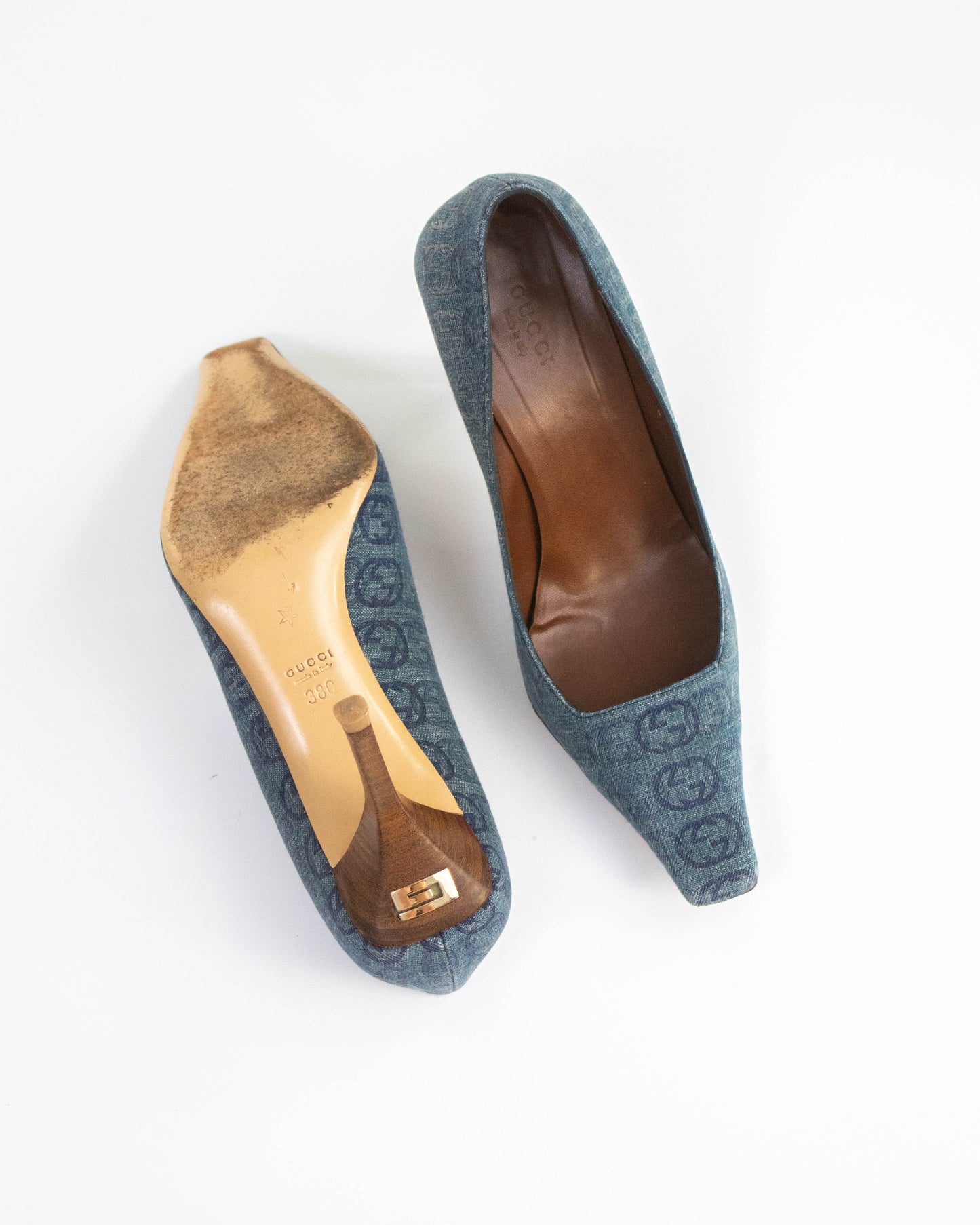 Vintage Gucci Interlocking GG Denim Monogram Heels G Letter Detail / 38 (US 8)