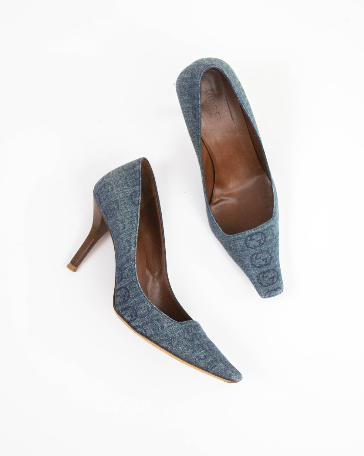 Vintage Gucci Interlocking GG Denim Monogram Heels G Letter Detail / 38 (US 8)