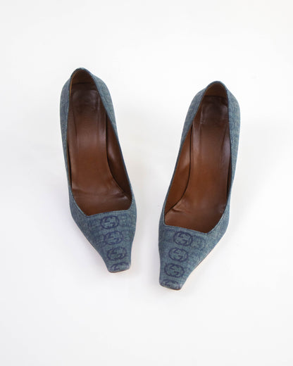 Vintage Gucci Interlocking GG Denim Monogram Heels G Letter Detail / 38 (US 8)