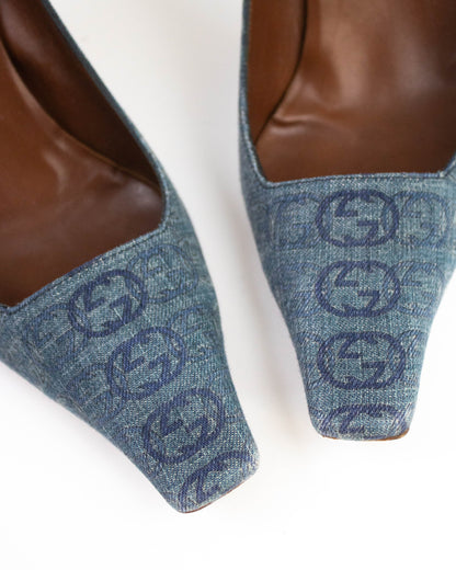 Vintage Gucci Interlocking GG Denim Monogram Heels G Letter Detail / 38 (US 8)