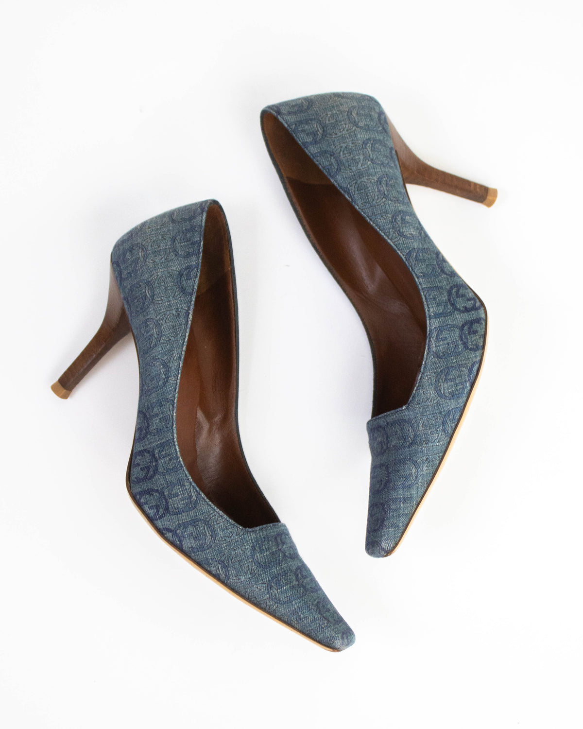 Vintage Gucci Interlocking GG Denim Monogram Heels G Letter Detail / 38 (US 8)