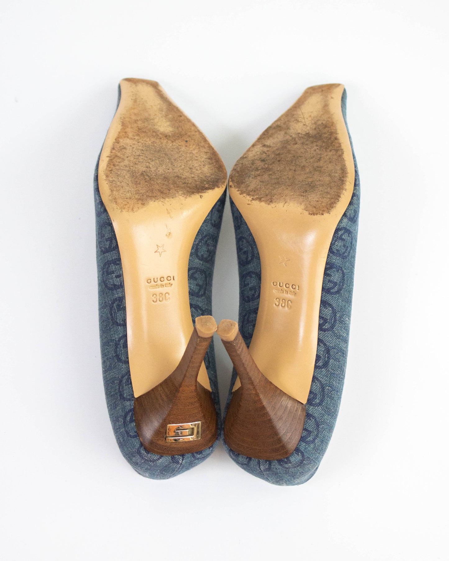 Vintage Gucci Interlocking GG Denim Monogram Heels G Letter Detail / 38 (US 8)