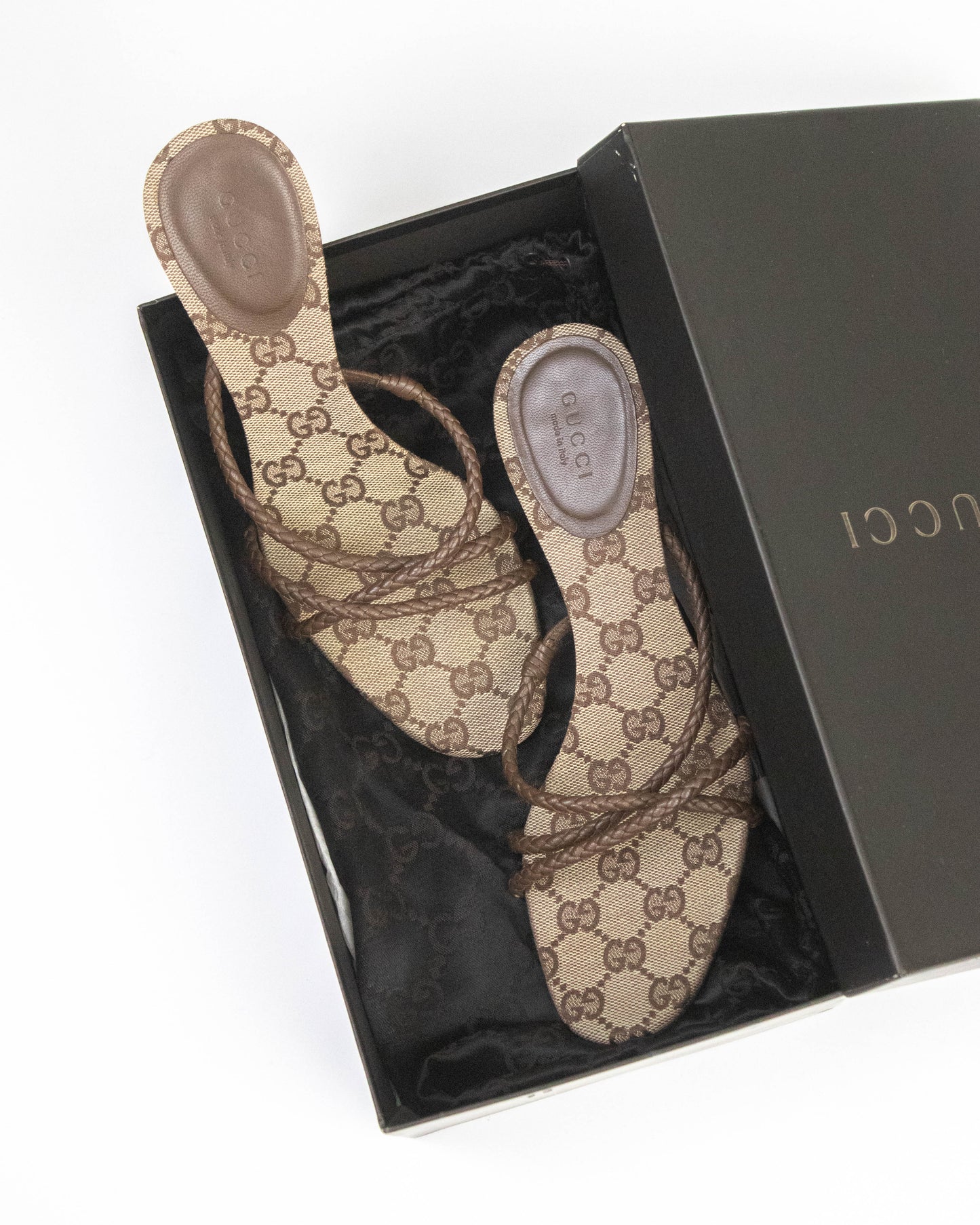 Vintage Gucci Monogram Canvas Braided Leather Mule Heels / 37.5 (US 7.5)