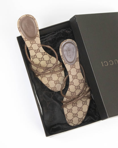 Vintage Gucci Monogram Canvas Braided Leather Mule Heels / 37.5 (US 7.5)