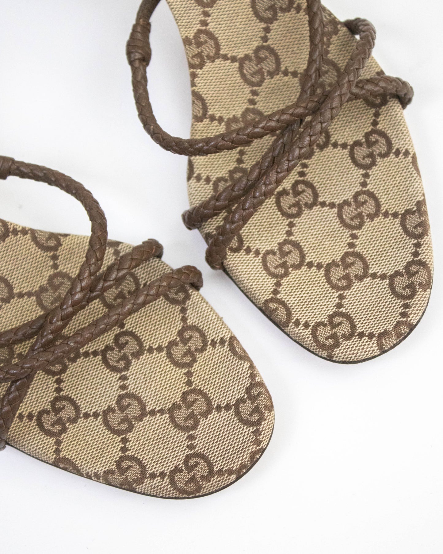 Vintage Gucci Monogram Canvas Braided Leather Mule Heels / 37.5 (US 7.5)