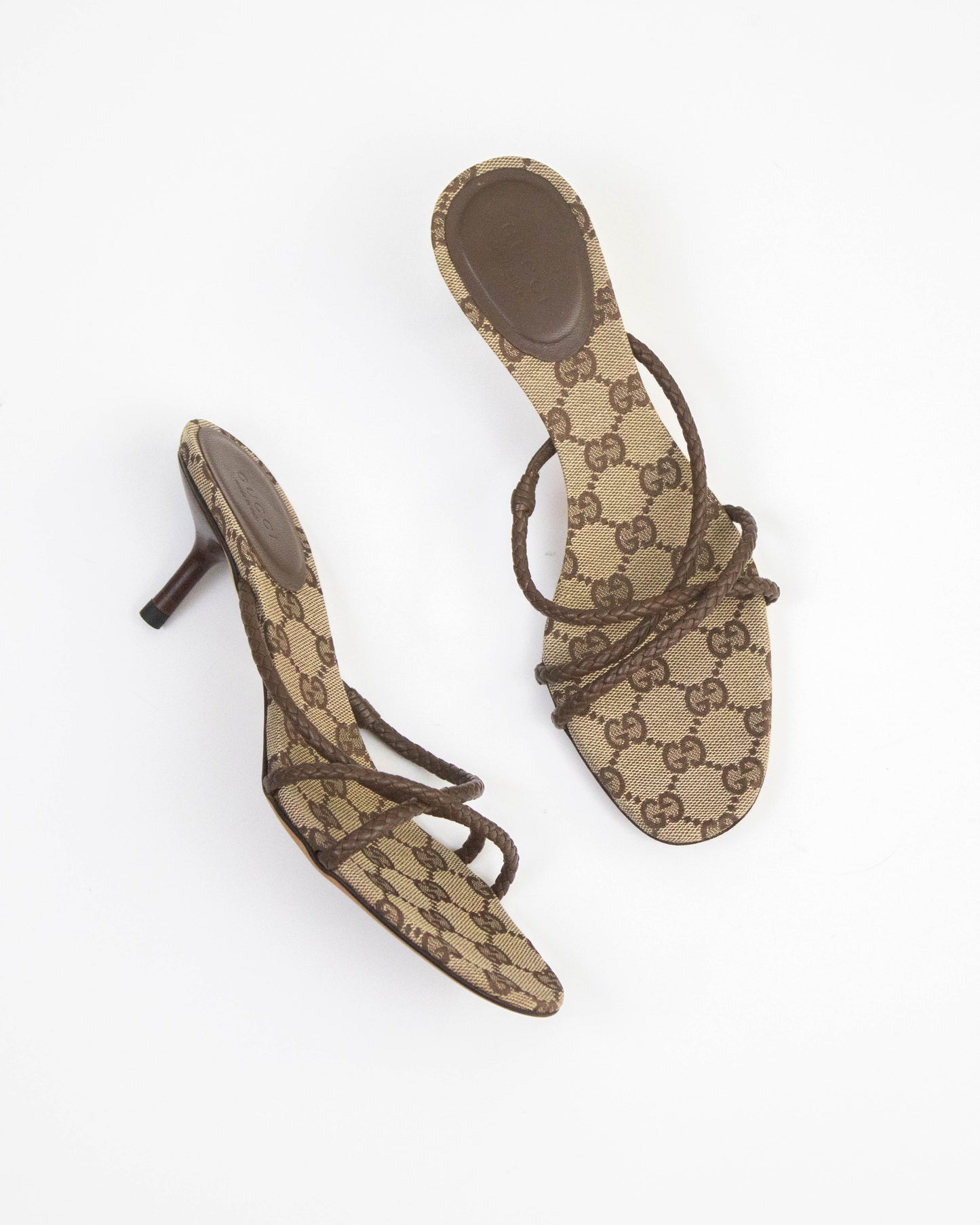 Vintage Gucci Monogram Canvas Braided Leather Mule Heels / 37.5 (US 7.5)