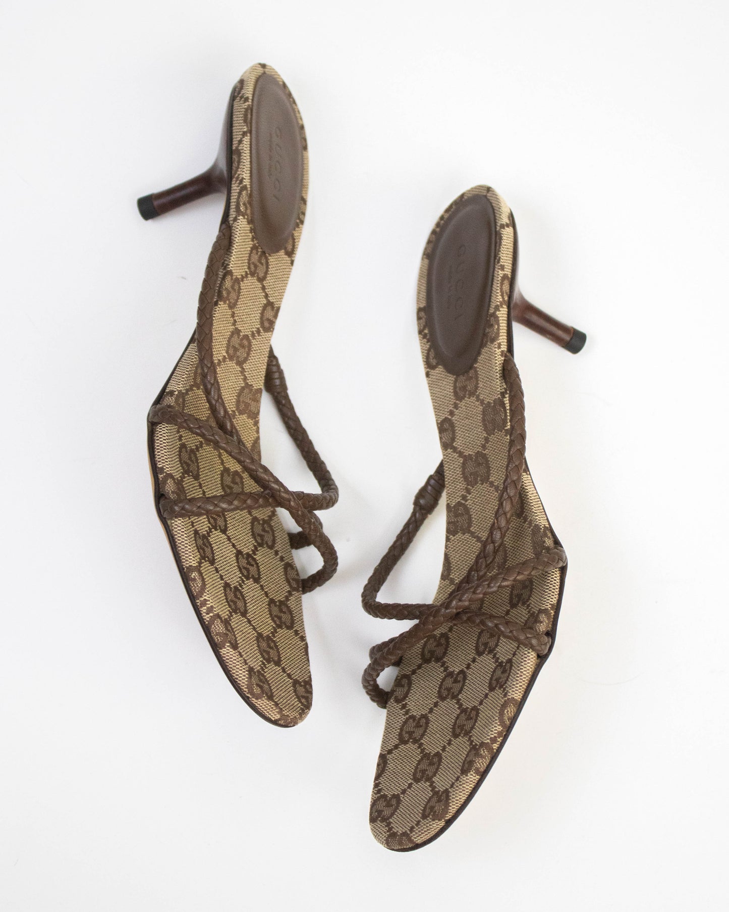 Vintage Gucci Monogram Canvas Braided Leather Mule Heels / 37.5 (US 7.5)
