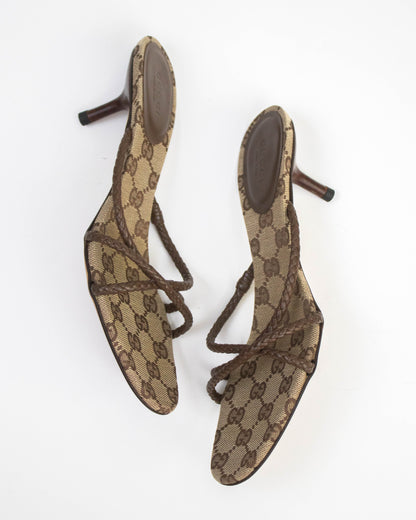 Vintage Gucci Monogram Canvas Braided Leather Mule Heels / 37.5 (US 7.5)