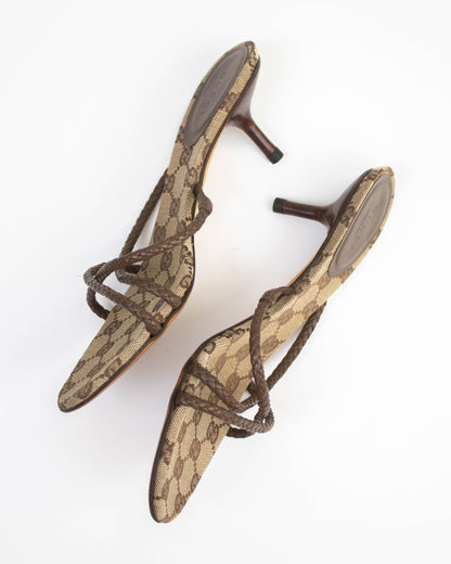 Vintage Gucci Monogram Canvas Braided Leather Mule Heels / 37.5 (US 7.5)