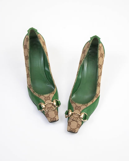 Vintage Gucci Monogram Canvas Pumps Chain Detail / 36.5 (US 6.5)