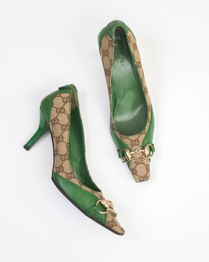Vintage Gucci Monogram Canvas Pumps Chain Detail / 36.5 (US 6.5)