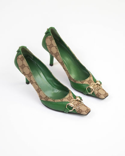 Vintage Gucci Monogram Canvas Pumps Chain Detail / 36.5 (US 6.5)