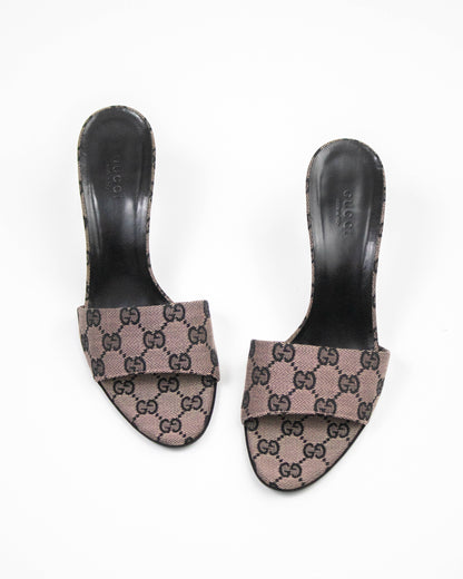 Vintage Gucci Pale Pink Monogram Canvas Mule Heels / 37.5 (US 7.5)