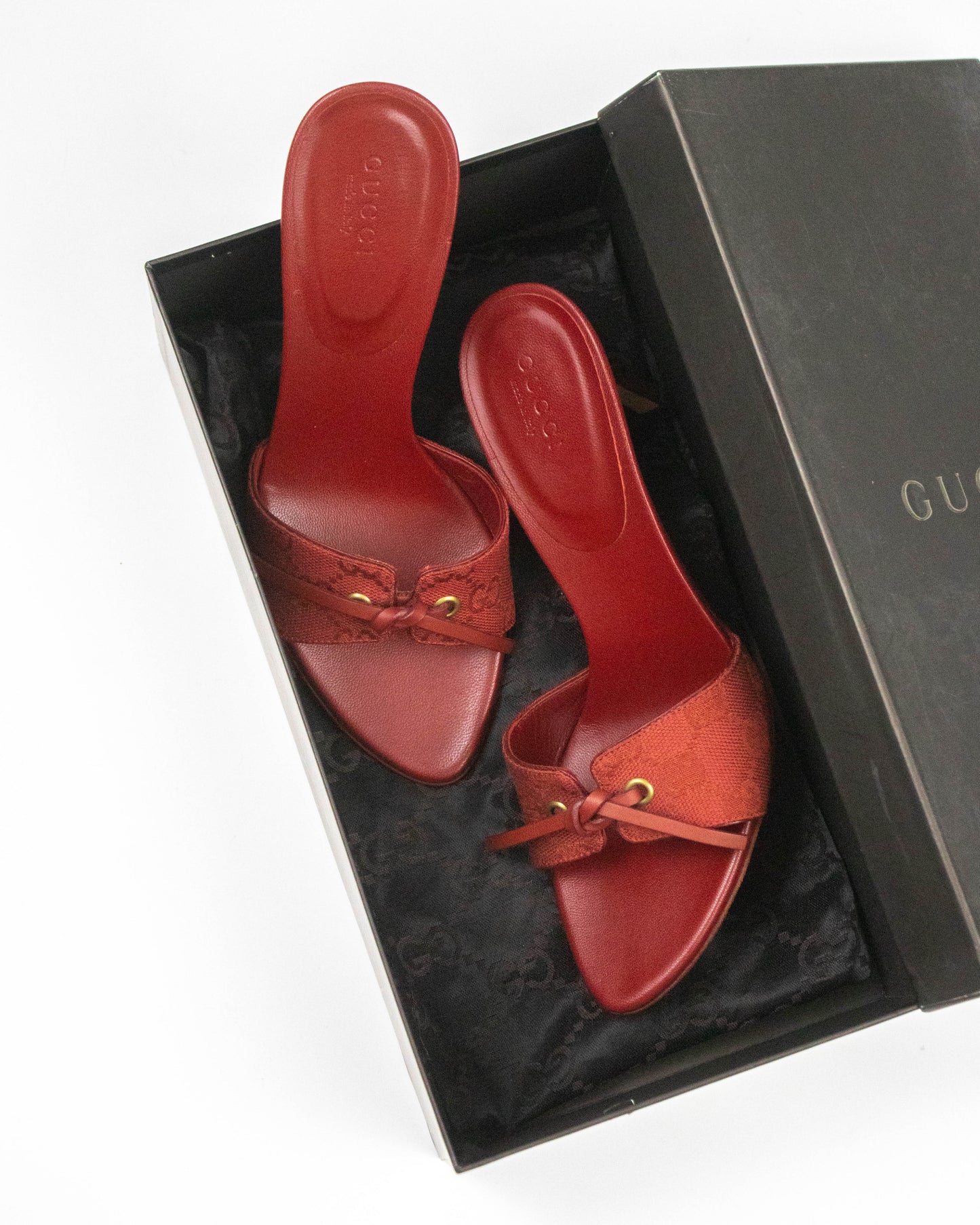 Vintage Gucci Red Monogram Canvas Mules Bow Detail / 36 (US 6)