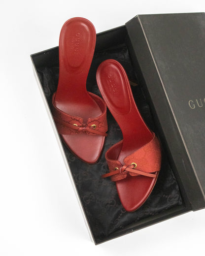 Vintage Gucci Red Monogram Canvas Mules Bow Detail / 36 (US 6)