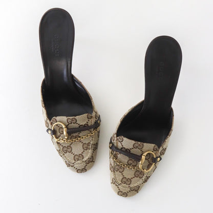 Vintage Gucci by Tom Ford Beige GG Logo Monogram Mules Horsebit Heels / 36.5 (US 6.5)