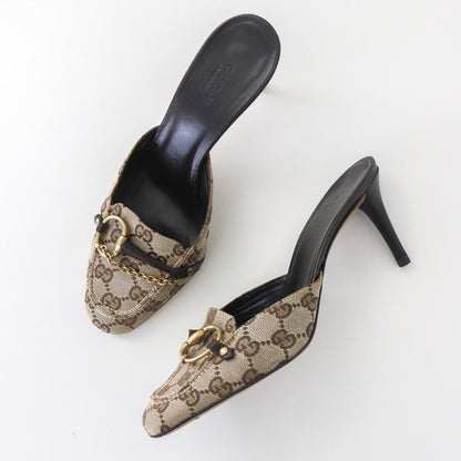 Vintage Gucci by Tom Ford Beige GG Logo Monogram Mules Horsebit Heels / 36.5 (US 6.5)