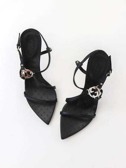 Vintage Gucci by Tom Ford Black Interlocking G Logo Strappy Sandals / 37 (US 7)