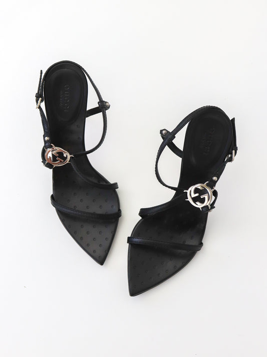 Vintage Gucci by Tom Ford Black Interlocking G Logo Strappy Sandals / 37 (US 7)