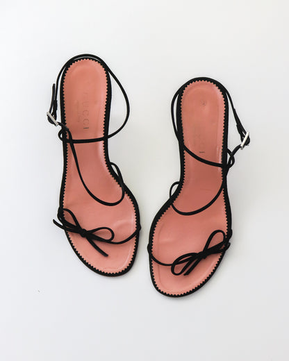 Vintage Gucci by Tom Ford Black Suede Minimalist Bow Strappy Sandals / 37 (US 7)