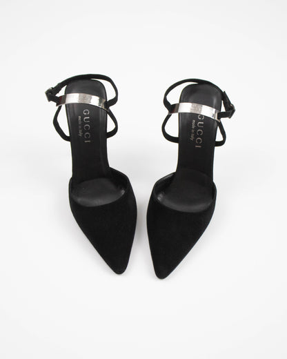 Vintage Gucci by Tom Ford Black Suede Pumps Logo Plate Detail / 35.5 (US 5.5)