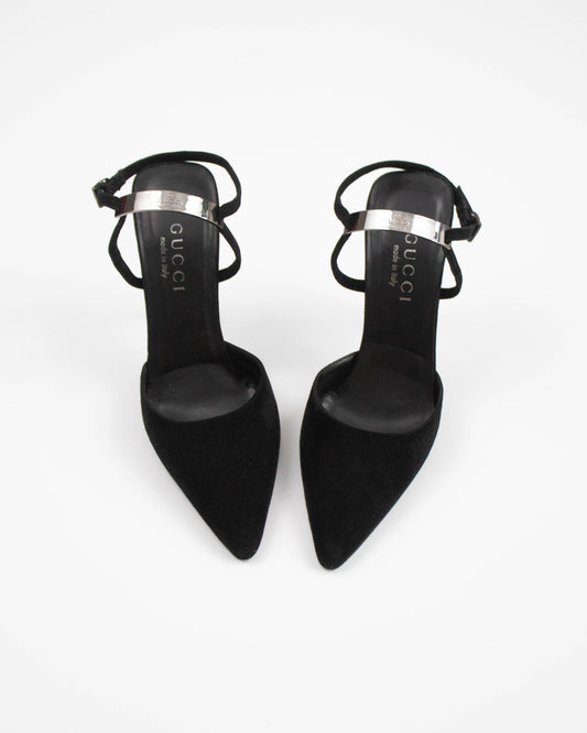 Vintage Gucci by Tom Ford Black Suede Pumps Logo Plate Detail / 35.5 (US 5.5)
