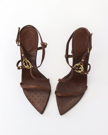 Vintage Gucci by Tom Ford Brown Interlocking G Logo Strappy Sandals / 38 (US 8)