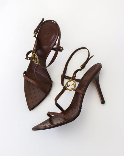 Vintage Gucci by Tom Ford Brown Interlocking G Logo Strappy Sandals / 38 (US 8)