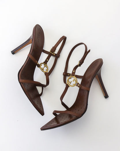 Vintage Gucci by Tom Ford Brown Interlocking G Logo Strappy Sandals / 38 (US 8)